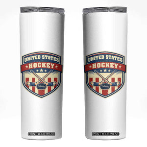 Hockey Crossed Sticks And Puck Retro USA Shield Flag Skinny Tumbler Red White Blue Striped Patriotic Sports Fan Pride Graphic TS02 White Print Your Wear