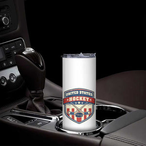 Hockey Crossed Sticks And Puck Retro USA Shield Flag Skinny Tumbler Red White Blue Striped Patriotic Sports Fan Pride Graphic TS02 Print Your Wear