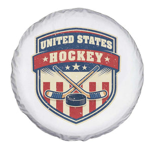 Hockey Crossed Sticks And Puck Retro USA Shield Flag Spare Tire Cover Red White Blue Striped Patriotic Sports Fan Pride Graphic TS02 Print Your Wear