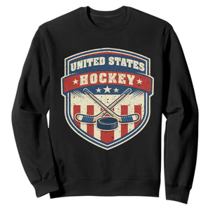 Hockey Crossed Sticks And Puck Retro USA Shield Flag Sweatshirt Red White Blue Striped Patriotic Sports Fan Pride Graphic TS02 Black Print Your Wear