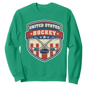 Hockey Crossed Sticks And Puck Retro USA Shield Flag Sweatshirt Red White Blue Striped Patriotic Sports Fan Pride Graphic TS02 Irish Green Print Your Wear