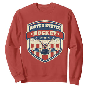Hockey Crossed Sticks And Puck Retro USA Shield Flag Sweatshirt Red White Blue Striped Patriotic Sports Fan Pride Graphic TS02 Red Print Your Wear
