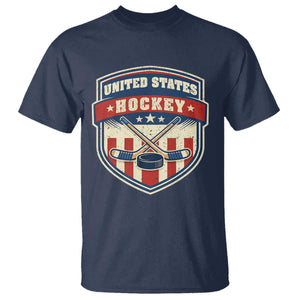 Hockey Crossed Sticks And Puck Retro USA Shield Flag T Shirt Red White Blue Striped Patriotic Sports Fan Pride Graphic TS02 Navy Print Your Wear