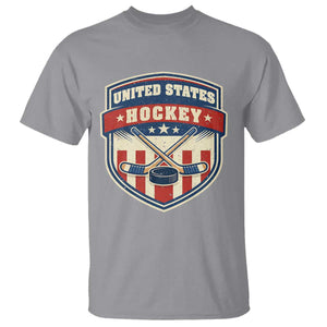 Hockey Crossed Sticks And Puck Retro USA Shield Flag T Shirt Red White Blue Striped Patriotic Sports Fan Pride Graphic TS02 Sport Gray Print Your Wear