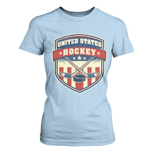 Hockey Crossed Sticks And Puck Retro USA Shield Flag T Shirt For Women Red White Blue Striped Patriotic Sports Fan Pride Graphic TS02 Light Blue Print Your Wear