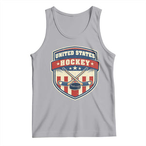 Hockey Crossed Sticks And Puck Retro USA Shield Flag Tank Top Red White Blue Striped Patriotic Sports Fan Pride Graphic TS02 Athletic Heather Print Your Wear