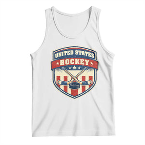 Hockey Crossed Sticks And Puck Retro USA Shield Flag Tank Top Red White Blue Striped Patriotic Sports Fan Pride Graphic TS02 White Print Your Wear