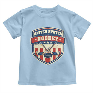 Hockey Crossed Sticks And Puck Retro USA Shield Flag Toddler T Shirt Red White Blue Striped Patriotic Sports Fan Pride Graphic TS02 Light Blue Print Your Wear