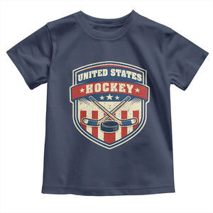 Hockey Crossed Sticks And Puck Retro USA Shield Flag Toddler T Shirt Red White Blue Striped Patriotic Sports Fan Pride Graphic TS02 Navy Print Your Wear