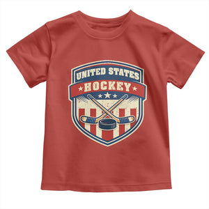 Hockey Crossed Sticks And Puck Retro USA Shield Flag Toddler T Shirt Red White Blue Striped Patriotic Sports Fan Pride Graphic TS02 Red Print Your Wear