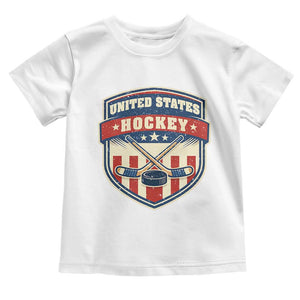 Hockey Crossed Sticks And Puck Retro USA Shield Flag Toddler T Shirt Red White Blue Striped Patriotic Sports Fan Pride Graphic TS02 White Print Your Wear