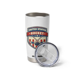 Hockey Crossed Sticks And Puck Retro USA Shield Flag Tumbler Cup Red White Blue Striped Patriotic Sports Fan Pride Graphic TS02 Print Your Wear