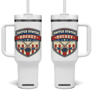 Hockey Crossed Sticks And Puck Retro USA Shield Flag Tumbler With Handle Red White Blue Striped Patriotic Sports Fan Pride Graphic TS02 One Size: 40 oz White Print Your Wear