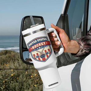 Hockey Crossed Sticks And Puck Retro USA Shield Flag Tumbler With Handle Red White Blue Striped Patriotic Sports Fan Pride Graphic TS02 Print Your Wear
