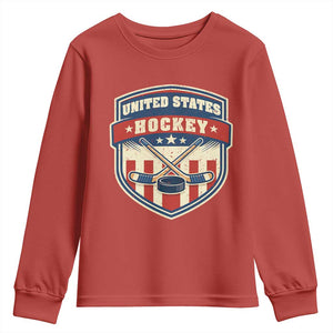 Hockey Crossed Sticks And Puck Retro USA Shield Flag Youth Sweatshirt Red White Blue Striped Patriotic Sports Fan Pride Graphic TS02 Red Print Your Wear