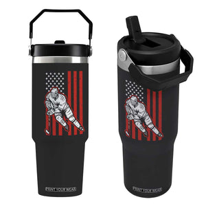 Patriotic American Flag Ice Hockey Player Flip Straw Tumbler Stars And Stripes Sports Graphic TS02 One Size: 30 oz Black Print Your Wear