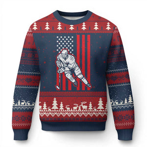 Patriotic American Flag Ice Hockey Player Ugly Christmas Sweater Stars And Stripes Sports Graphic TS02 Navy Red Print Your Wear