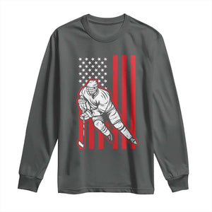 Patriotic American Flag Ice Hockey Player Long Sleeve Shirt Stars And Stripes Sports Graphic TS02 Dark Heather Print Your Wear