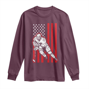 Patriotic American Flag Ice Hockey Player Long Sleeve Shirt Stars And Stripes Sports Graphic TS02 Maroon Print Your Wear