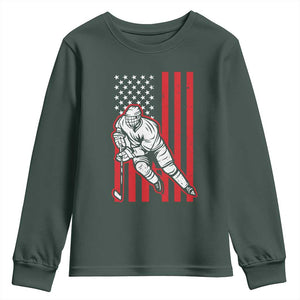 Patriotic American Flag Ice Hockey Player Youth Sweatshirt Stars And Stripes Sports Graphic TS02 Dark Forest Green Print Your Wear