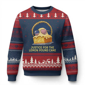Justice for the Lemon Pound Cake Ugly Christmas Sweater Viral Meme Dessert Parody Retro Hip Hop Vibe TS02 Navy Red Print Your Wear