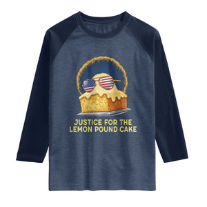 Justice for the Lemon Pound Cake Raglan Shirt Viral Meme Dessert Parody Retro Hip Hop Vibe TS02 Heather Denim Navy Print Your Wear