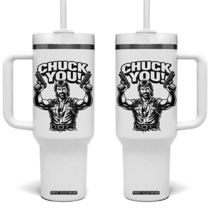 Chuck You Funny Action Legend Tumbler With Handle Tough Guy Meme Dual Guns Retro Humor for Patriotic Fans TS02 One Size: 40 oz White Print Your Wear
