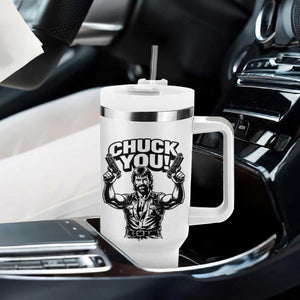 Chuck You Funny Action Legend Tumbler With Handle Tough Guy Meme Dual Guns Retro Humor for Patriotic Fans TS02 Print Your Wear