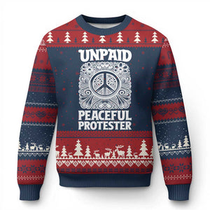 Unpaid Peaceful Protester Vintage Floral Peace Ugly Christmas Sweater Hippie Style Activist Retro Anti War Boho Protest TS02 Navy Red Print Your Wear