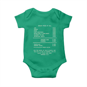 Jesus Paid It All Christian Receipt Baby Onesie Romans 6:23 Faith Message Sin Debt Inspirational Gift TS02 Irish Green Print Your Wear