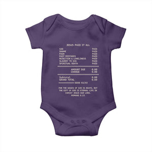 Jesus Paid It All Christian Receipt Baby Onesie Romans 6:23 Faith Message Sin Debt Inspirational Gift TS02 Purple Print Your Wear
