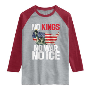 No Kings No Wars No Ice Statue of Liberty Raglan Shirt American Flag Patriotic Protest Freedom Democracy TS02 Heather Gray Heather Red Print Your Wear