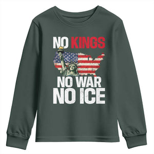 No Kings No Wars No Ice Statue of Liberty Youth Sweatshirt American Flag Patriotic Protest Freedom Democracy TS02 Dark Forest Green Print Your Wear