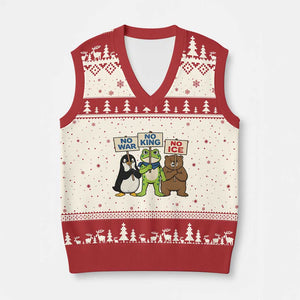 No Wars No Ice No Kings Animal Protest V-Neck Knit Sweater Vest Frog Penguin Bear Resist Human Rights Activist TS02 Beige Red Print Your Wear