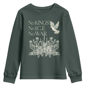 No Wars No Ice No Kings Botanical Dove Youth Sweatshirt Peace Symbol Anti War Human Rights Protest TS02 Dark Forest Green Print Your Wear