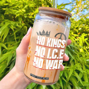 No Kings No Wars No Ice Protest Distressed Glass Can No Crown Just Peace Anti War Freedom Supporters TS02 Black Print Your Wear