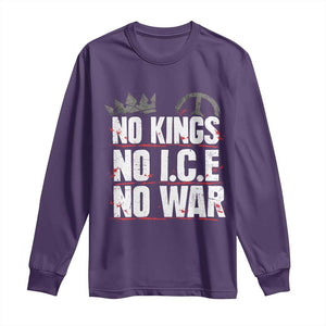 No Kings No Wars No Ice Protest Distressed Long Sleeve Shirt No Crown Just Peace Anti War Freedom Supporters TS02 Purple Print Your Wear