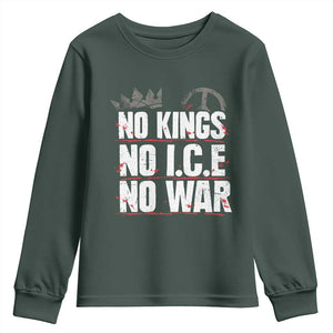 No Kings No Wars No Ice Protest Distressed Youth Sweatshirt No Crown Just Peace Anti War Freedom Supporters TS02 Dark Forest Green Print Your Wear