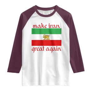 Make Iran Great Again Raglan Shirt Vintage Lion and Sun Flag Patriotic Iranian Pride TS02 White Maroon Print Your Wear