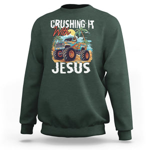 Funny Jesus Sweatshirt Crushing It With Jesus TS02 Dark Forest Green Printyourwear