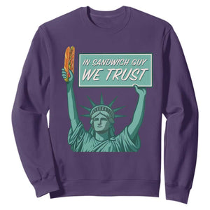 In Sandwich Guy We Trust Sweatshirt Funny Liberty with Baguette Parody Graphic Political Satire TS02 Purple Print Your Wear