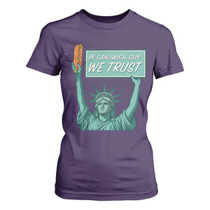 In Sandwich Guy We Trust T Shirt For Women Funny Liberty with Baguette Parody Graphic Political Satire TS02 Purple Print Your Wear