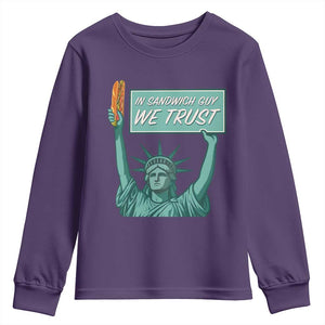 In Sandwich Guy We Trust Youth Sweatshirt Funny Liberty with Baguette Parody Graphic Political Satire TS02 Purple Print Your Wear