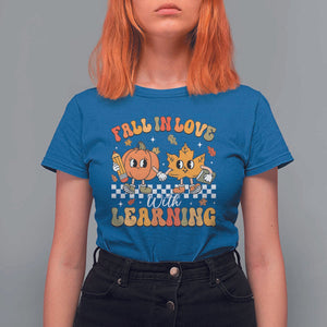 Fall In Love With Learning T Shirt For Women Retro Autumn Pumpkin For Teacher Student TS02 Royal Blue Print Your Wear