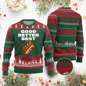 Good Better Best CFB Inspirational Ugly Christmas Sweater Funny Hot Dog and Claw Graphic TS02 Red Green Print Your Wear