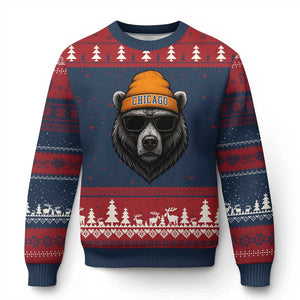 Cool Bear Chicago Graphic Ugly Christmas Sweater Retro Vibe City Pride Beanie and Sunglasses TS02 Navy Red Print Your Wear