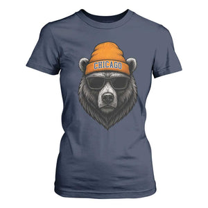 Cool Bear Chicago Graphic T Shirt For Women Retro Vibe City Pride Beanie and Sunglasses TS02 Navy Print Your Wear