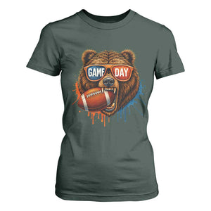 Cool Game Day Bear Graphic T Shirt For Women Bold Football Fan Dripping Paint TS02 Dark Forest Green Print Your Wear