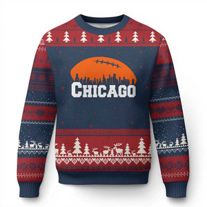 Chicago Skyline Football Graphic Ugly Christmas Sweater Bold Windy City Fan Art for Game Days TS02 Navy Red Print Your Wear