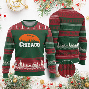 Chicago Skyline Football Graphic Ugly Christmas Sweater Bold Windy City Fan Art for Game Days TS02 Red Green Print Your Wear